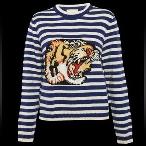 Gucci Striped Tiger Embroidered Knit Sweater Size Medium